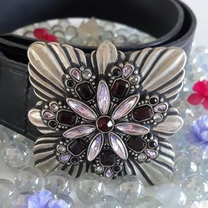 Fossil black leather belt floral silver buckle L